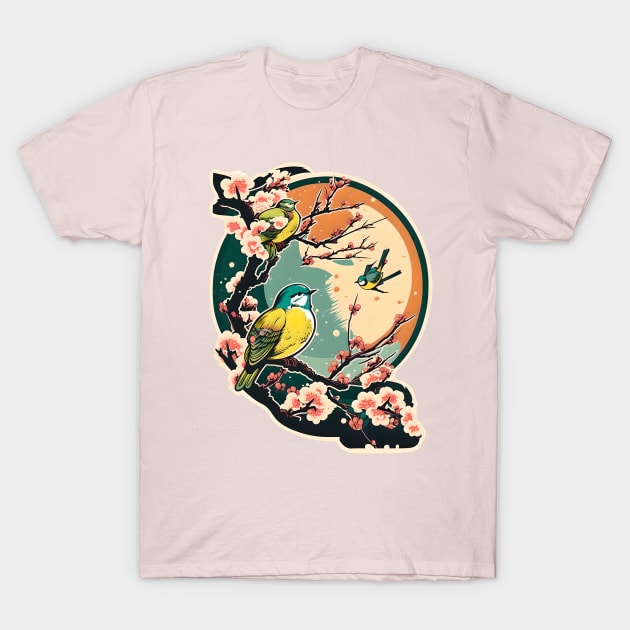 Springtime Birds In A Cherry Blossom Tree T-Shirt by entwithanaxe